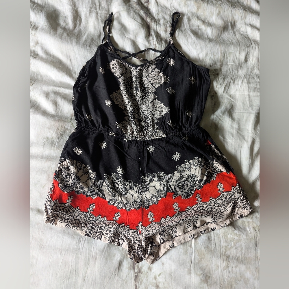 Angie | Black and Red Mandela Patterned Romper Size M